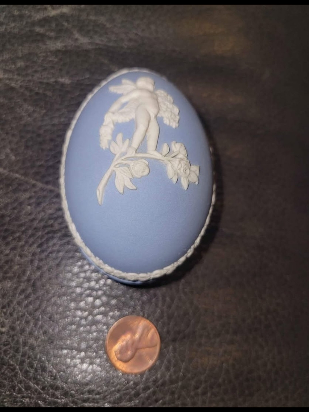 Blue Jasperware-Style Collector Egg with White Relief